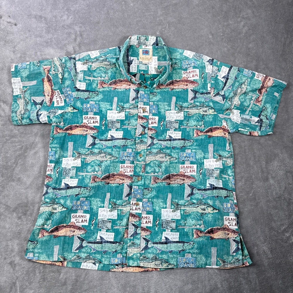 Kahala AVI Collection Shirt Mens XL Teal Fishing Boca Grande Grand Slam Hawaii